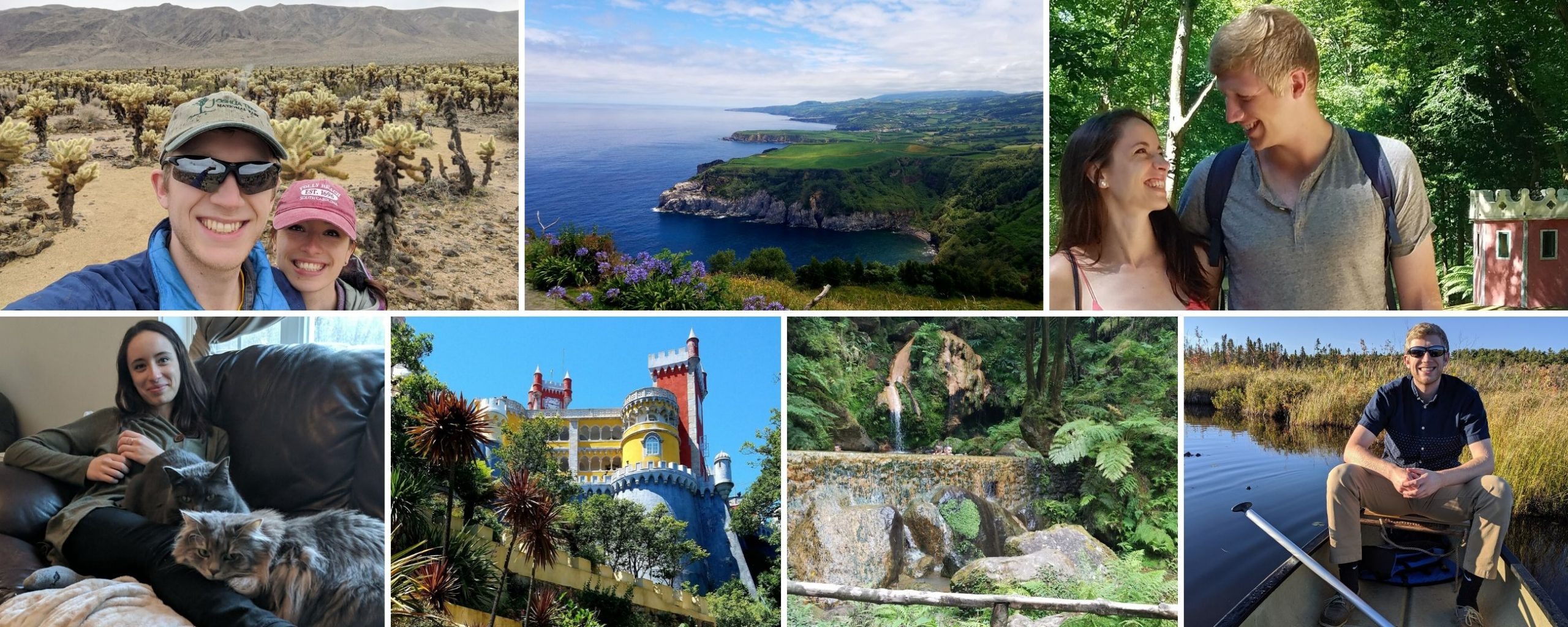 Photo collage showing scenery from Sao Miguel, Pena Palace, Mikayla and Hans in Joshua Tree National Park, Mikayla with two cats on her lap, and Hans in a canoe