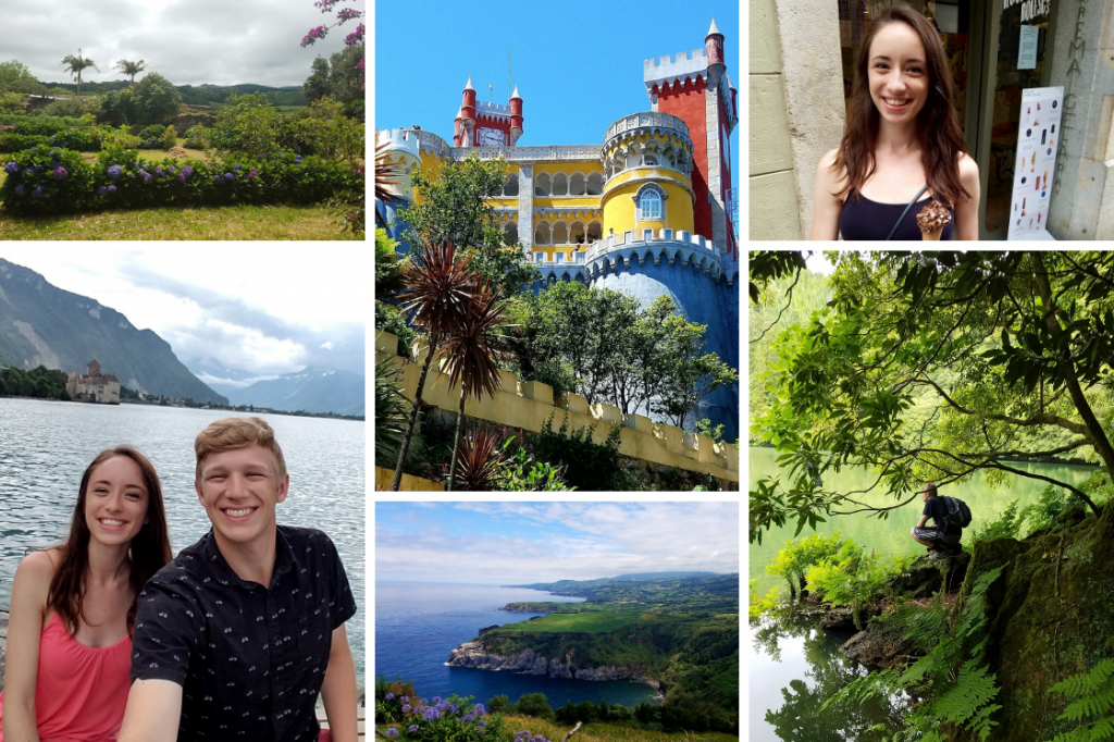 Travel-themed photo collage including scenery from Sao Miguel and the Pena Palace (Portugal), Mikayla with an ice cream cone, Mikayla and Hans smiling with a castle in the background, and Hans squatting to observe a lake